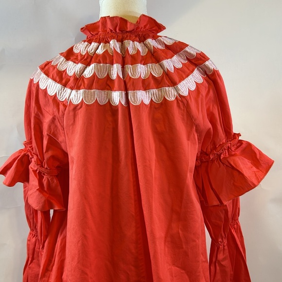 Cynthia Rowley | Coral Mock Neck Long Sleeve Ruffle Embroidered Dress | Small - Picture 11 of 14